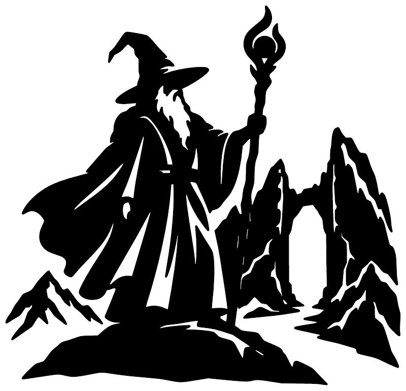 Black wizard silhouette vinyl wall decal with torch, mountains, and gate rocks