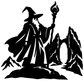 Black wizard silhouette vinyl wall decal with torch, mountains, and gate rocks