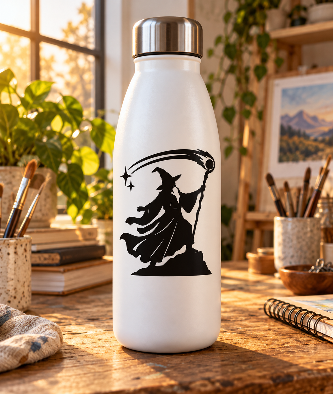 Wizard staff silhouette vinyl decal, black witch figure with stars and wand