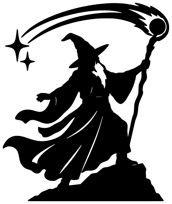 Wizard staff silhouette vinyl decal close-up, black witch silhouette with stars