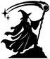 Wizard staff silhouette vinyl decal close-up, black witch silhouette with stars