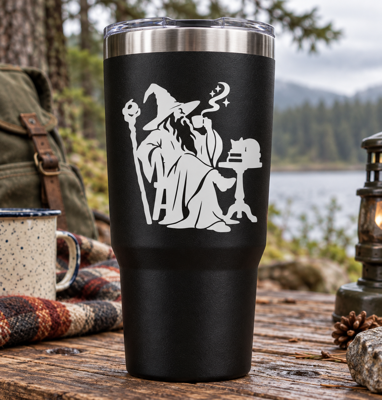 Wizard coffee break vinyl decal: white wizard with mug, cat, and sparkles on black