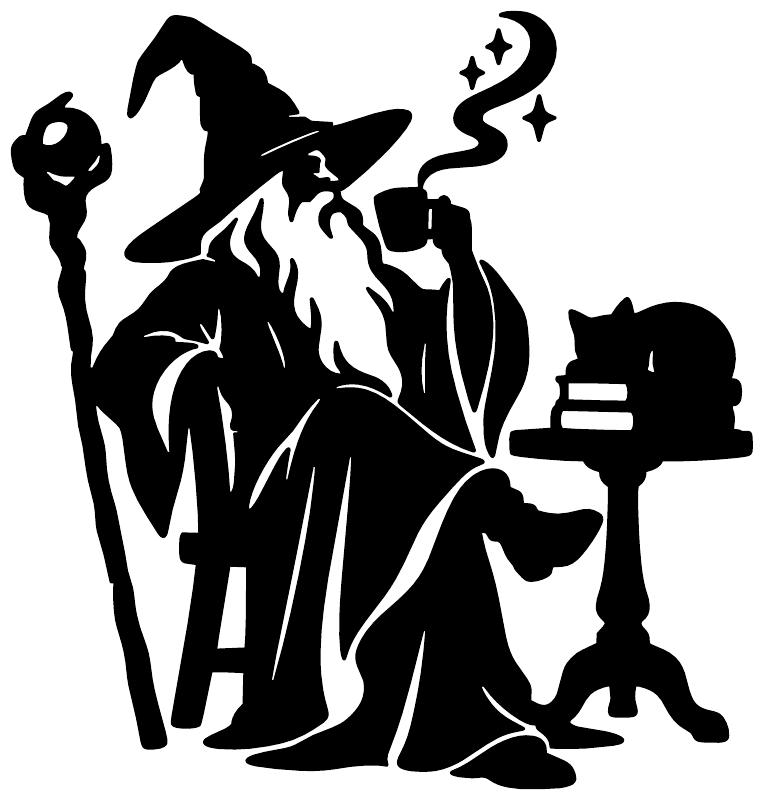 Wizard coffee break vinyl decal: white silhouette of wizard with coffee mug, cauldron, sparkles