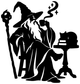 Wizard coffee break vinyl decal: white silhouette of wizard with coffee mug, cauldron, sparkles