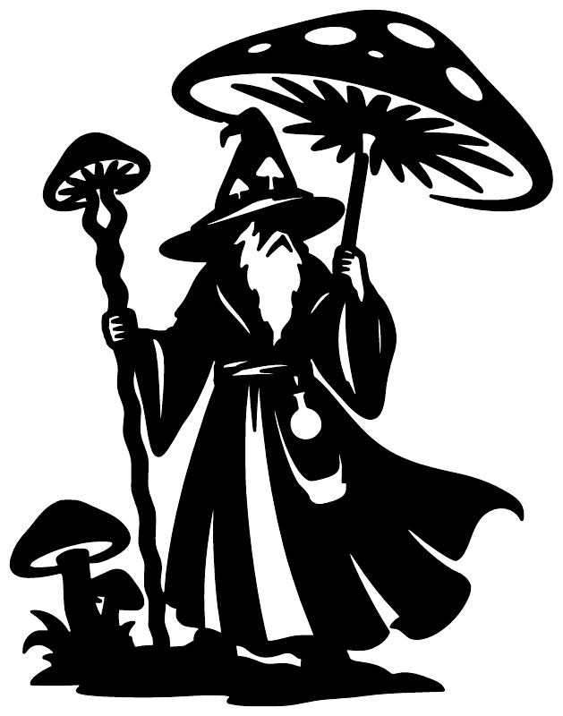 Black vinyl decal silhouette of a wizard holding a mushroom umbrella and staff
