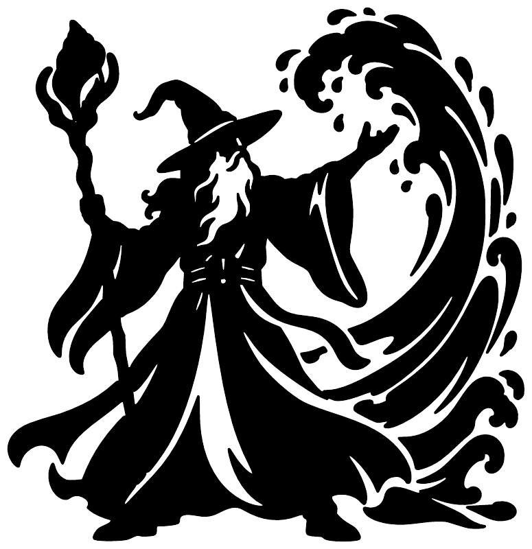 Black wizard and shell wave vinyl decal, wizard holding wand beside swirling water
