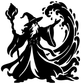 Black wizard and shell wave vinyl decal, wizard holding wand beside swirling water