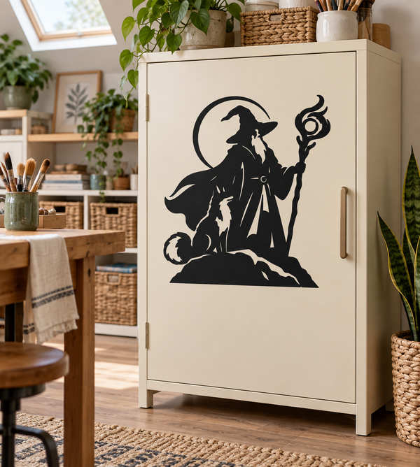Black wizard mage with fox companion vinyl decal, wand raised, round moon background