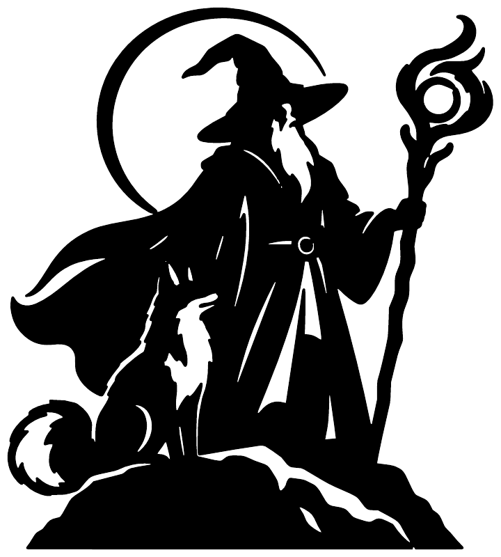Close-up black wizard silhouette with fox companion and glowing staff vinyl decal