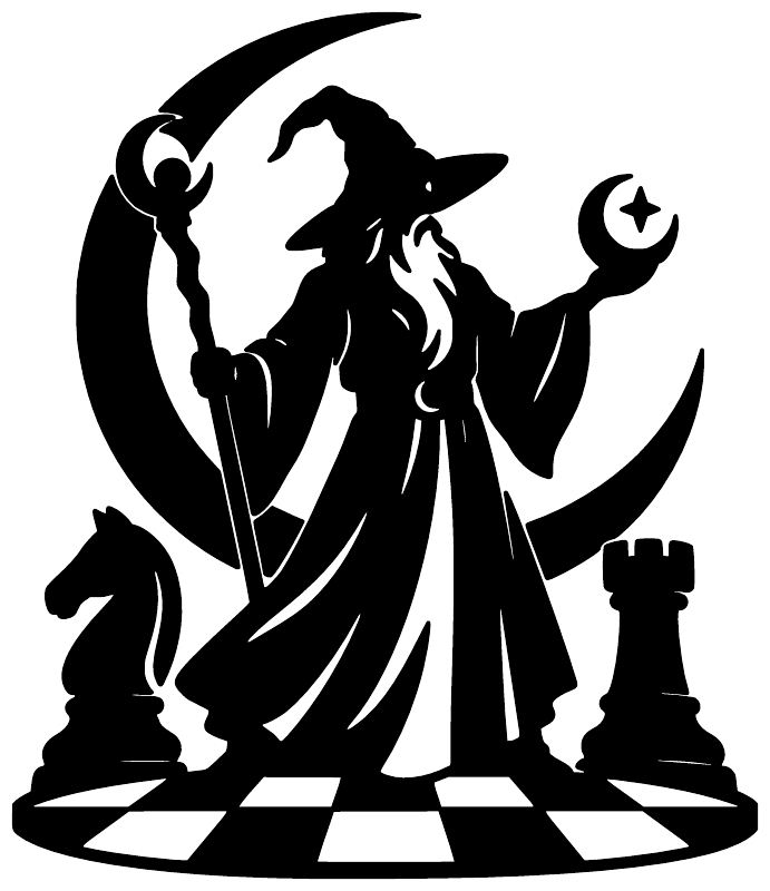 Black wizard chess vinyl decal with moon, robed wizard figure, and chess piece silhouettes