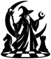 Black wizard chess vinyl decal with moon, robed wizard figure, and chess piece silhouettes