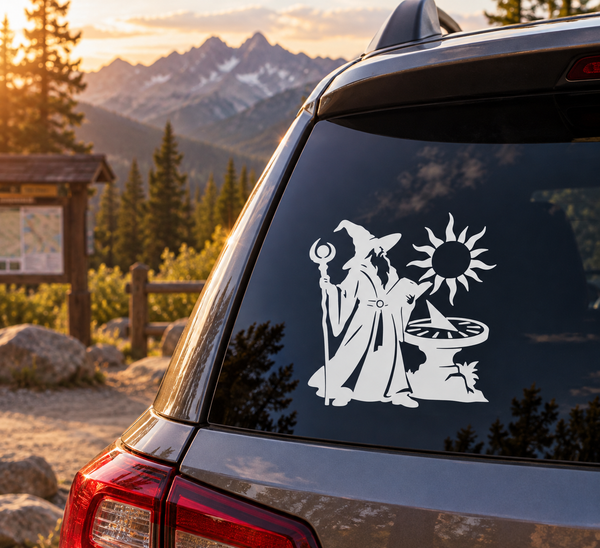 Car rear window vinyl decal of a wizard with staff and sun emblem