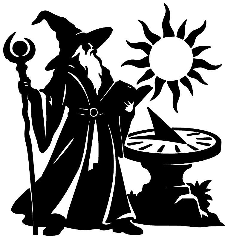 Wizard vinyl decal silhouette with raised staff, sun, and cauldron