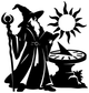 Wizard vinyl decal silhouette with raised staff, sun, and cauldron