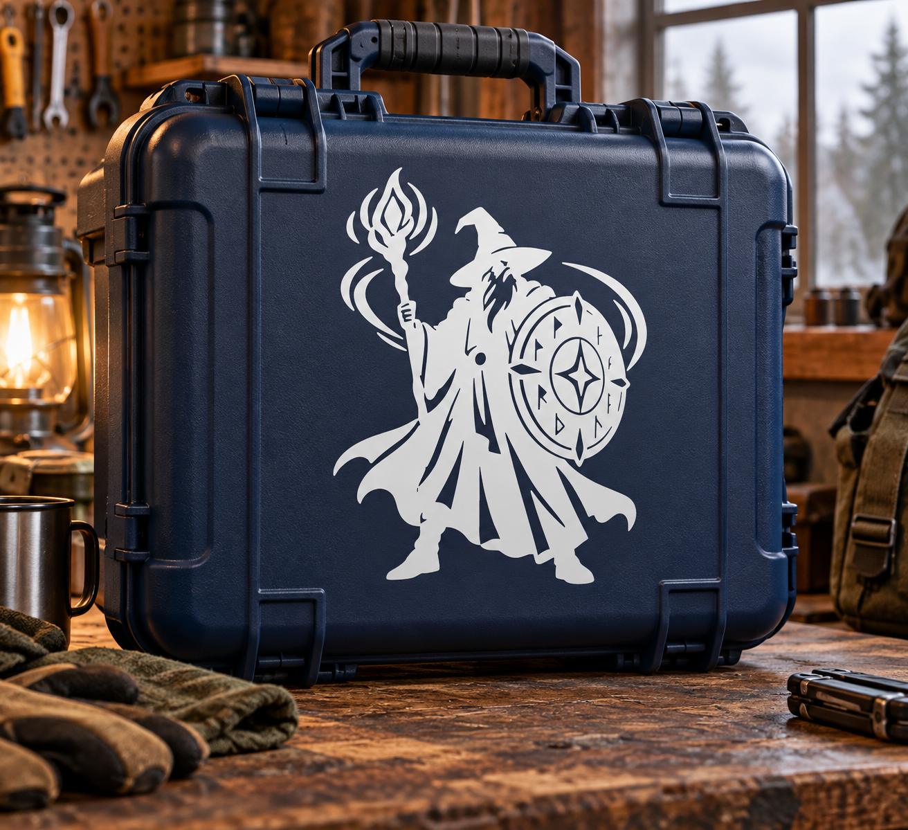 Wizard vinyl decal: flame staff mage with round shield and star