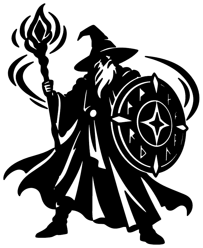 Black wizard vinyl decal with flame staff and round shield with star