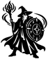 Black wizard vinyl decal with flame staff and round shield with star