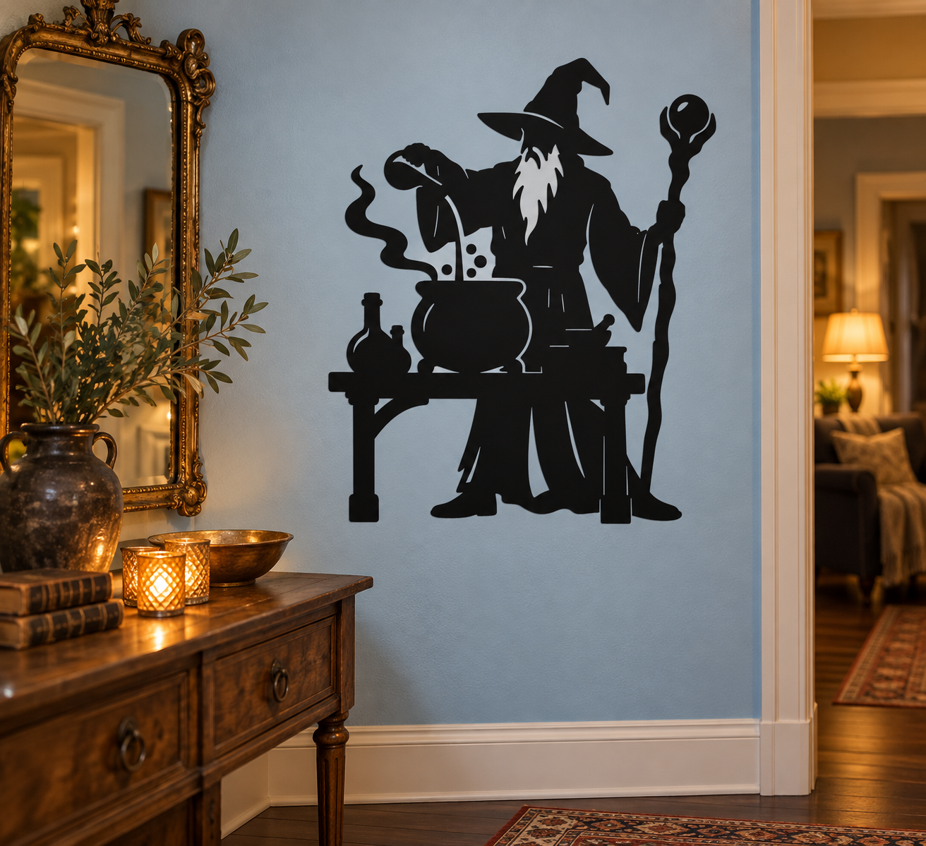 Wizard potion brewer vinyl decal, black silhouette with cauldron and wand