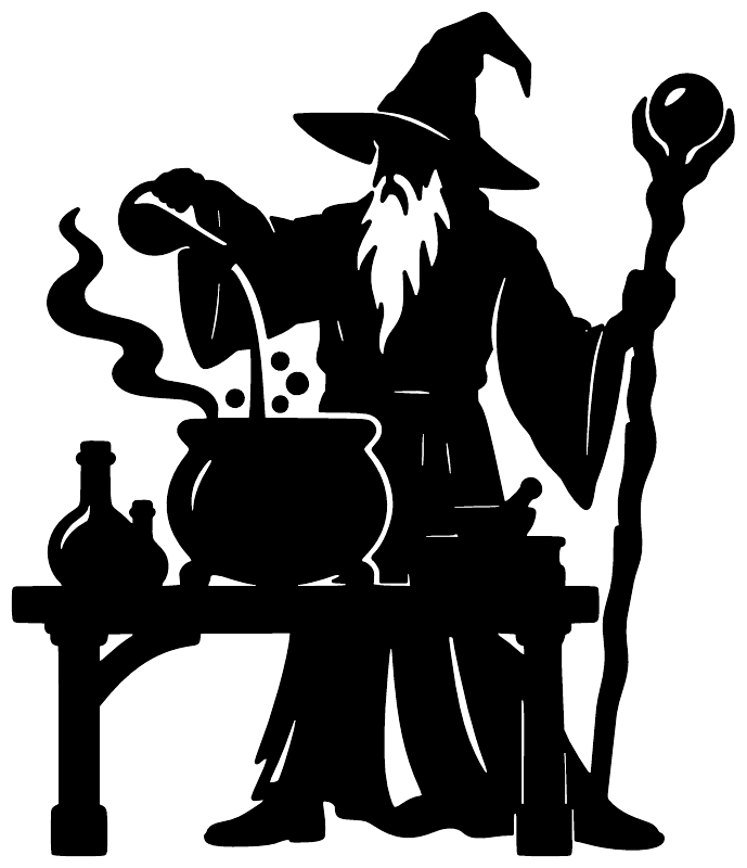 Wizard potion brewer vinyl decal, black silhouette with bubbling cauldron and bottles