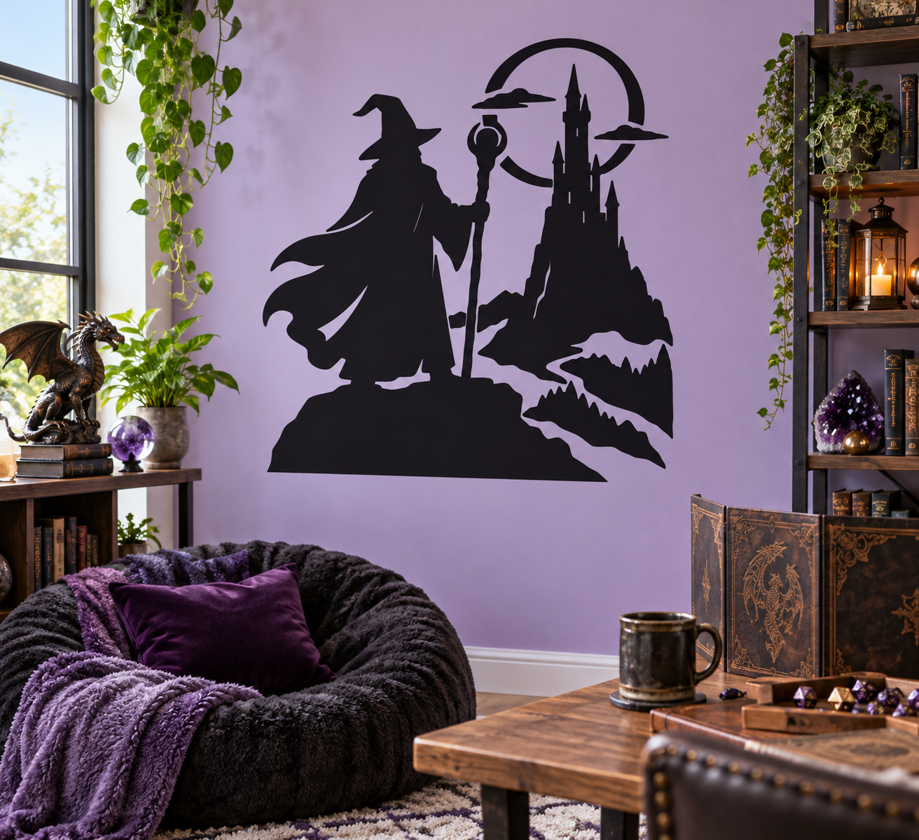 Moonlit tower silhouette vinyl decal with wizard figure, black castle tower and moon