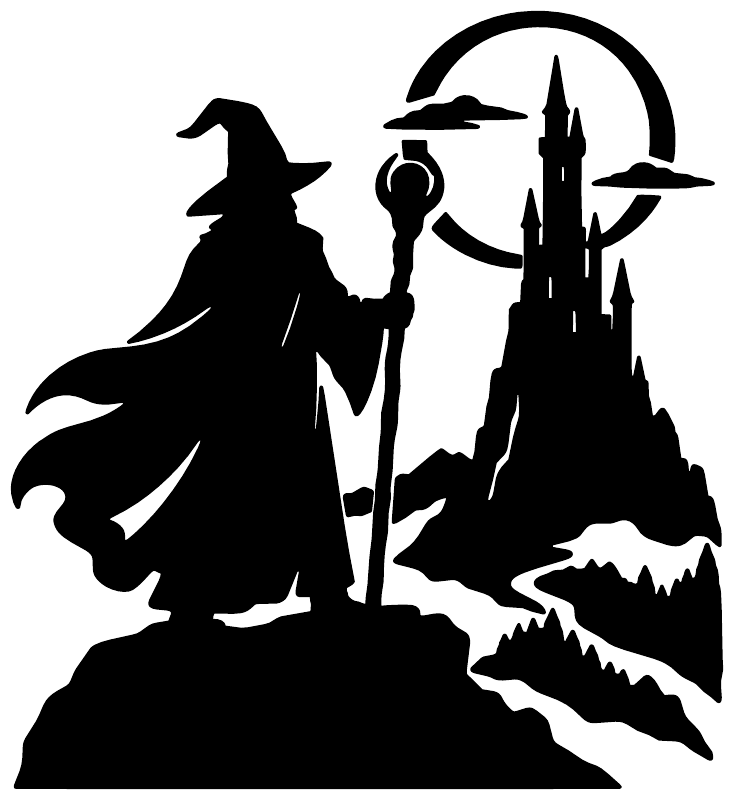 Moonlit tower silhouette vinyl decal, black wizard silhouette, circular moon and spired castle