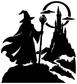 Moonlit tower silhouette vinyl decal, black wizard silhouette, circular moon and spired castle