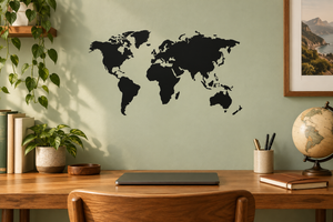Black world map silhouette vinyl decal for wall, flat continental shapes