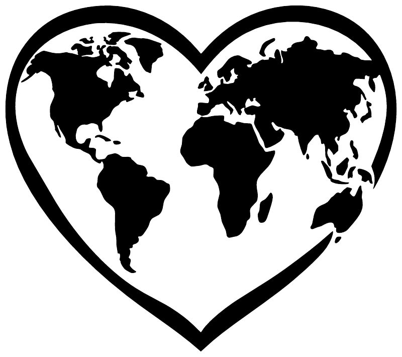 Heart-shaped vinyl decal with black-and-white world map
