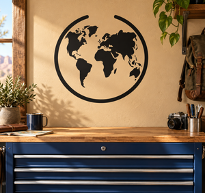 Black vinyl world map decal with open circle border