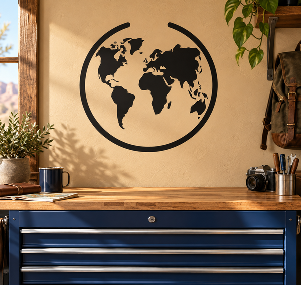 Black vinyl world map decal with open circle border