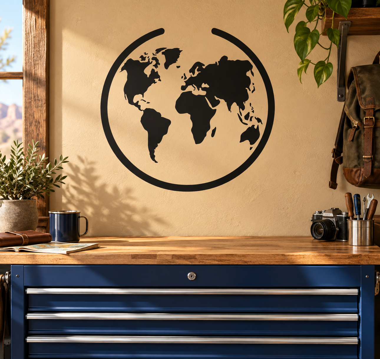 Black vinyl world map decal with open circle border