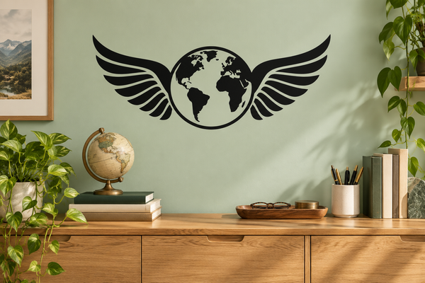 Vinyl wall decal with black globe and wings design, for decorating home walls