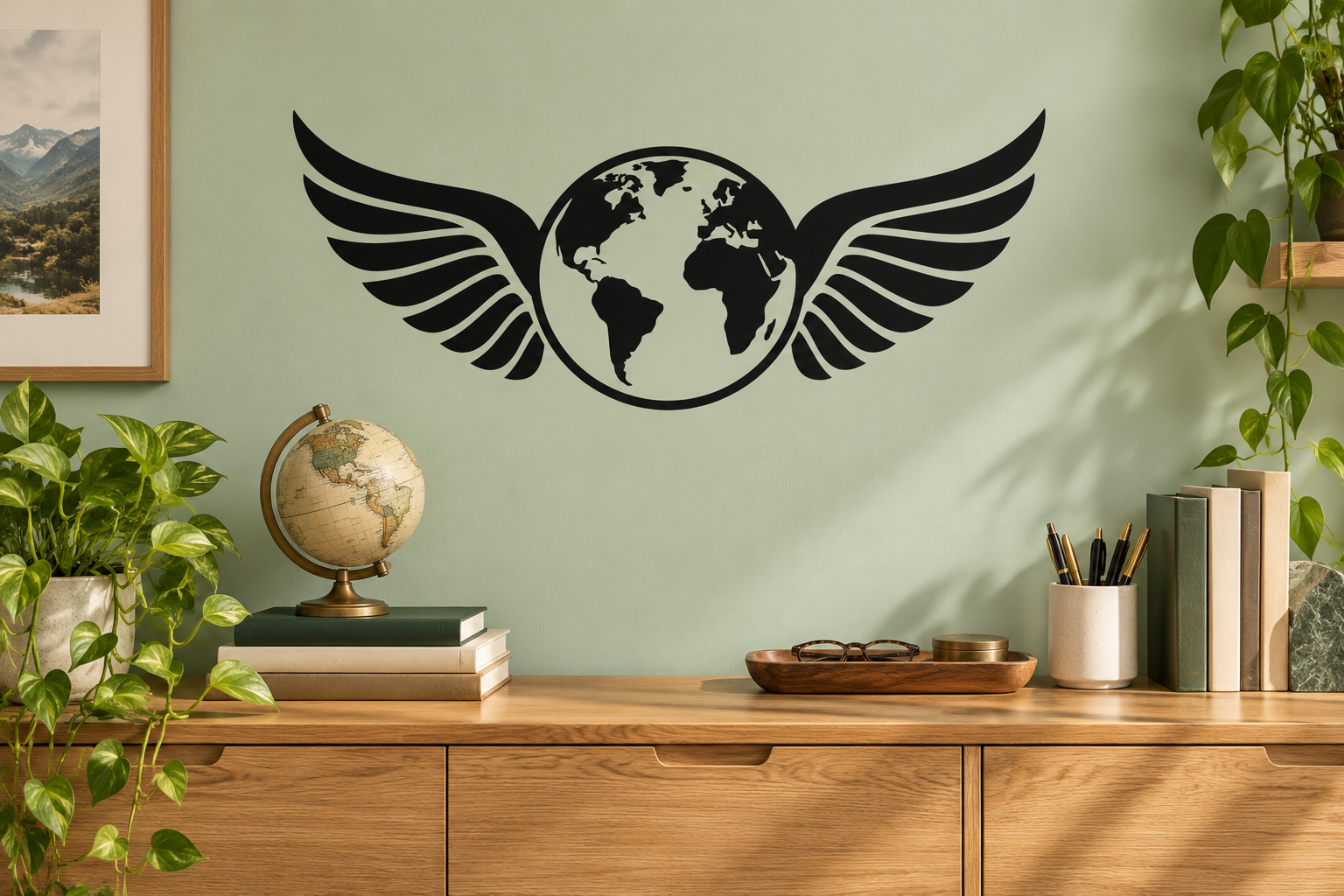 Vinyl wall decal with black globe and wings design, for decorating home walls