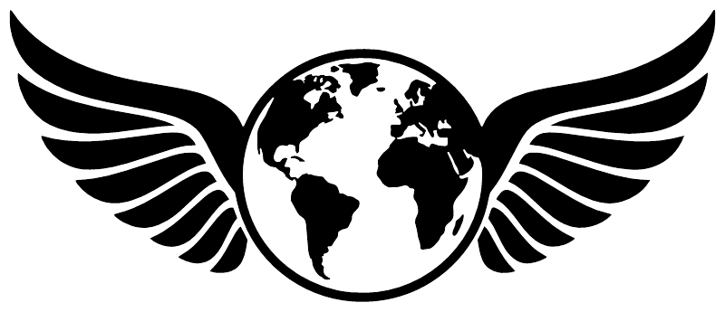 Vinyl decal close-up: black globe with wings graphic