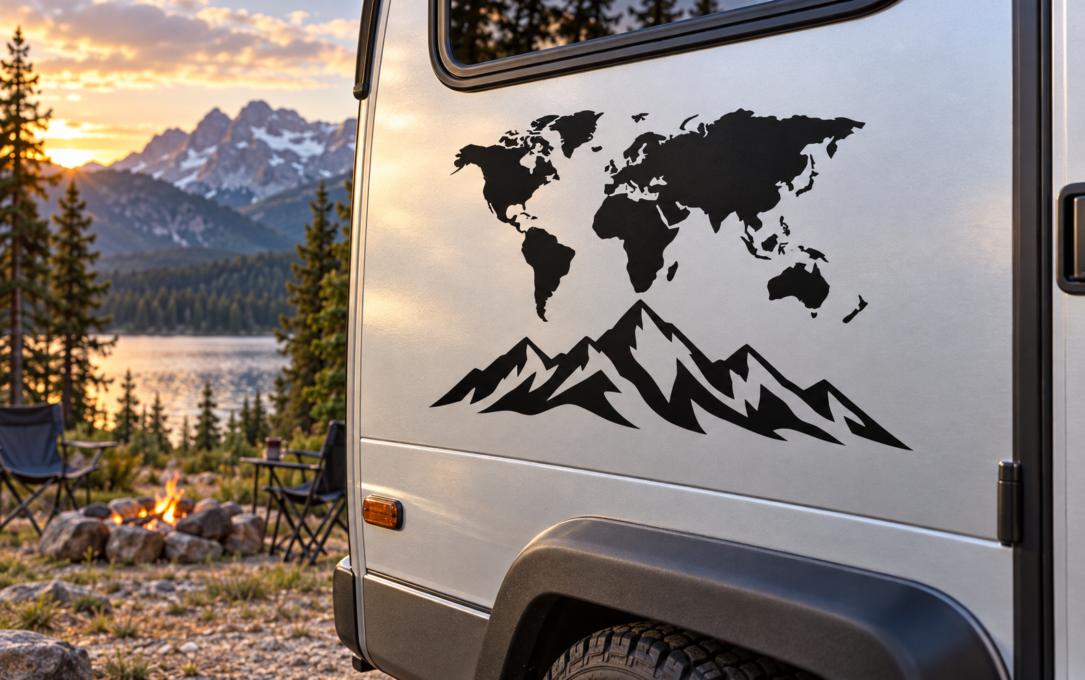 World map and mountain ridge vinyl decal on camper side panel