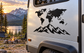 World map and mountain ridge vinyl decal on camper side panel