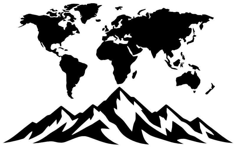 Black world map and mountain ridge vinyl decal, flat graphic