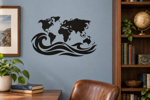 Black world map and ocean waves vinyl wall decal