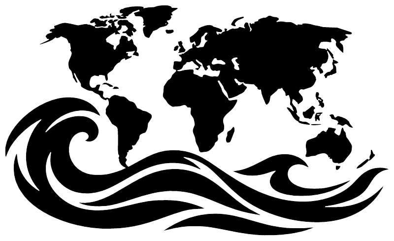 Black world map with ocean waves vinyl wall decal, full design view