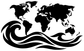 Black world map with ocean waves vinyl wall decal, full design view