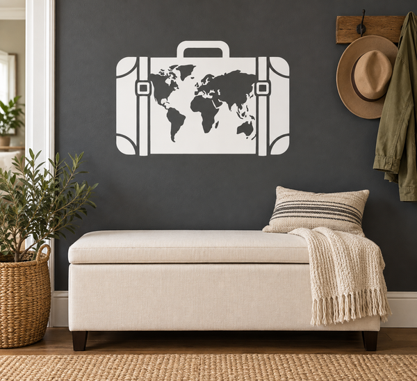 World map suitcase silhouette vinyl wall decal with suitcase handle and straps
