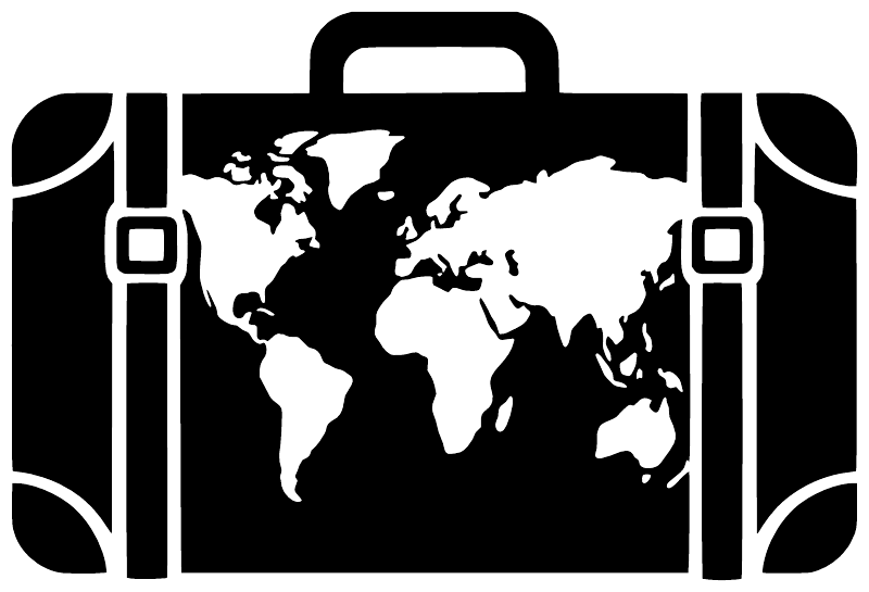 Suitcase silhouette vinyl decal with bold world map, black background, white artwork