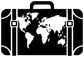 Suitcase silhouette vinyl decal with bold world map, black background, white artwork