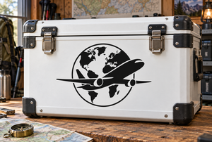 World map and airplane vinyl decal, black globe with side-view airplane silhouette