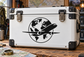 World map and airplane vinyl decal, black globe with side-view airplane silhouette