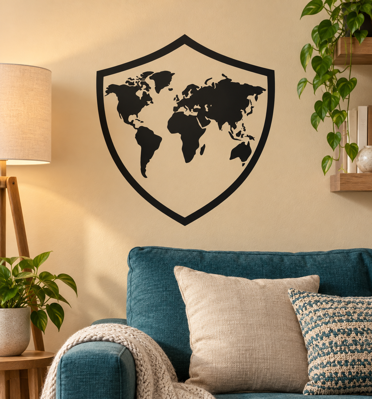 World map vinyl decal in black shield outline