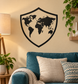 World map vinyl decal in black shield outline