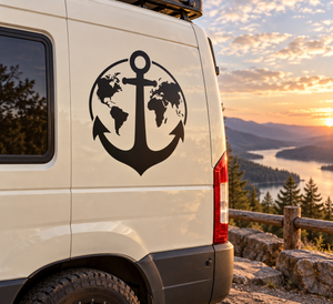 Black world map and anchor vinyl decal on a vehicle side panel