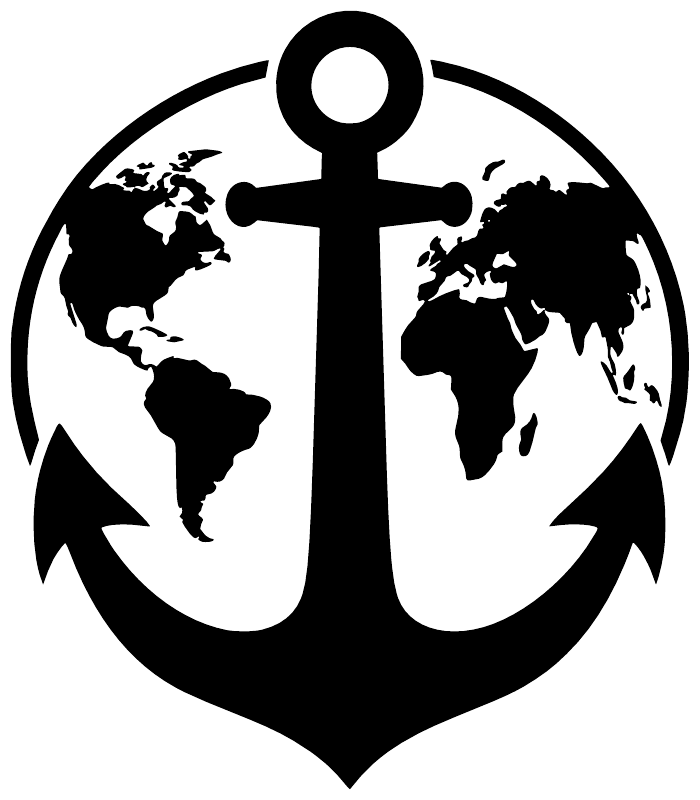 Black world map anchor vinyl decal with circular emblem and ribbon ends