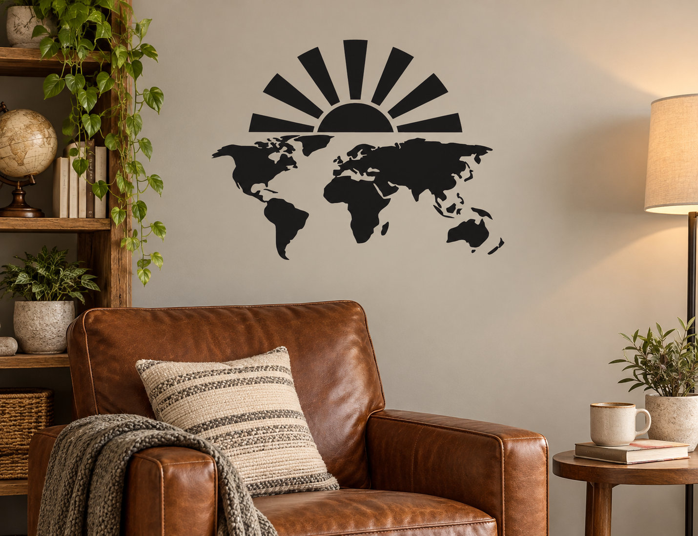 Black vinyl world map wall decal with rising sun rays above the continents